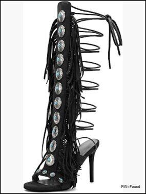 Gladiator Heels Knee High Open Toe Stiletto Fringe Lace Up Strappy Sandal Boots